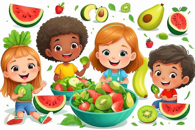 Foto los niños lindos y felices comen ensalada, verduras y frutas.