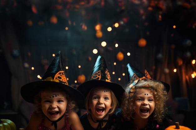 Los niños lindos felices con el festival temático de Halloween se sienten divertidos en la fiesta nocturna
