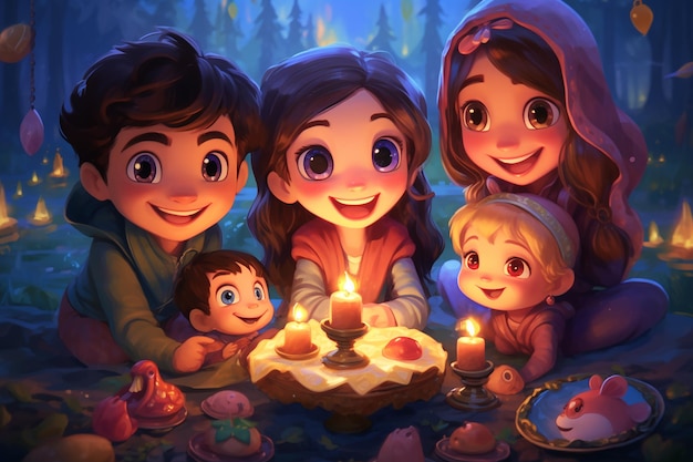 niños lindos felices con ilustración de dibujos animados de vector de luz de vela de diwali