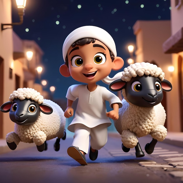 niños lindos jugando con las lindas ovejas de Eid