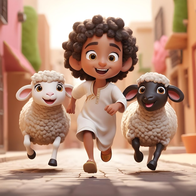 niños lindos jugando con las lindas ovejas de Eid