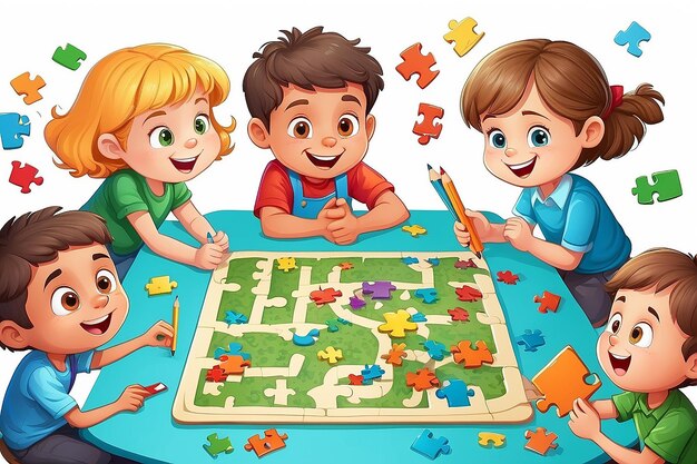 niños lindos jugando a resolver rompecabezas juntos