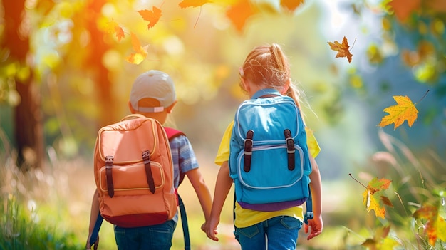 Niños lindos con mochilas en camino a la escuela fondo colorido atmósfera alegre
