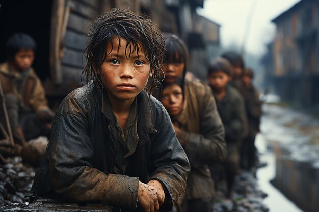 Niños magros se sientan al lado de la calle.