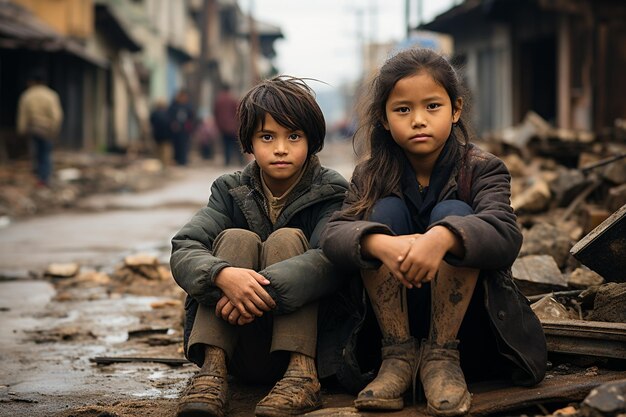 Niños magros se sientan al lado de la calle.