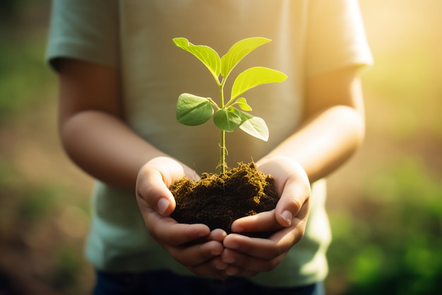 niños con la mano sosteniendo una planta joven con luz solar en el fondo de la naturaleza verde concepto día de la tierra ecológica