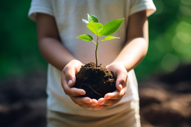 niños con la mano sosteniendo una planta joven con luz solar en el fondo de la naturaleza verde concepto día de la tierra ecológica