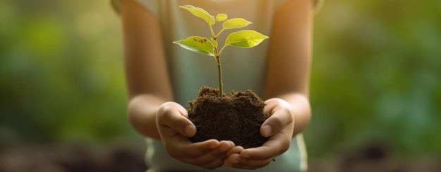 Niños de la mano sosteniendo una planta joven con luz solar en el jardín