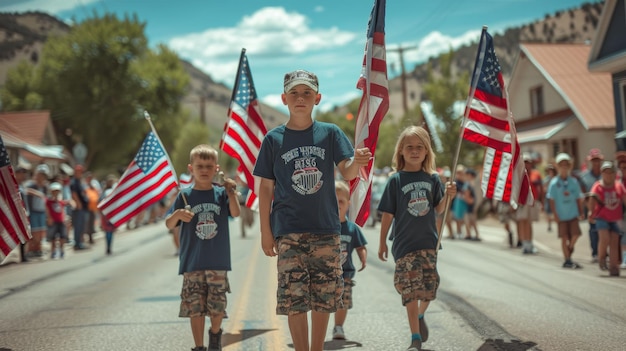 Niños marchando con orgullo con banderas estadounidenses en un desfile del Día de la Memoria en una pequeña ciudad