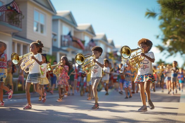 Foto niños marchando en un vecindario el 4 de julio.