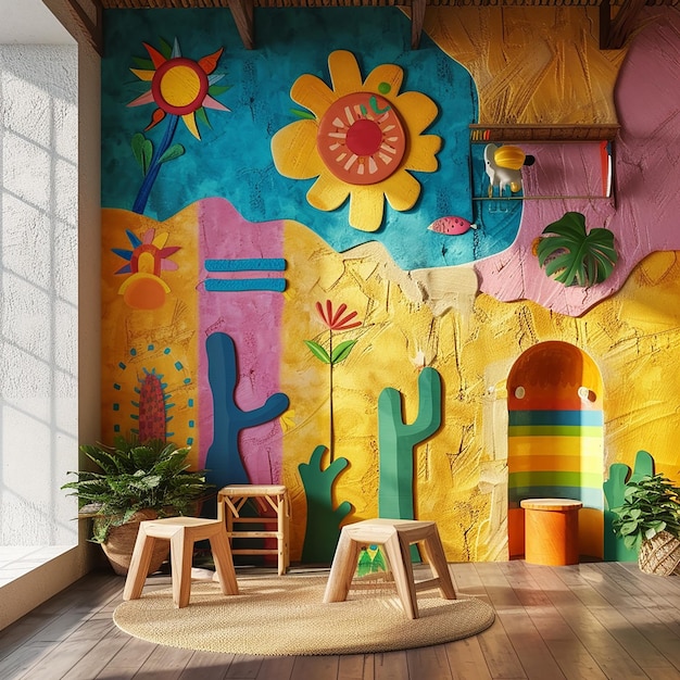 niños mexicano interior arte de pared mock up