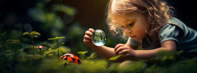 Los niños miran a la mariposa como un explorador con una lupa