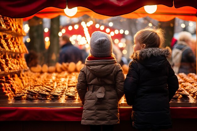 Niños mirando dulces en el mercado navideño. IA generativa.