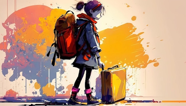 Niños con mochila fondo colorido arte digital ilustración generativa AI