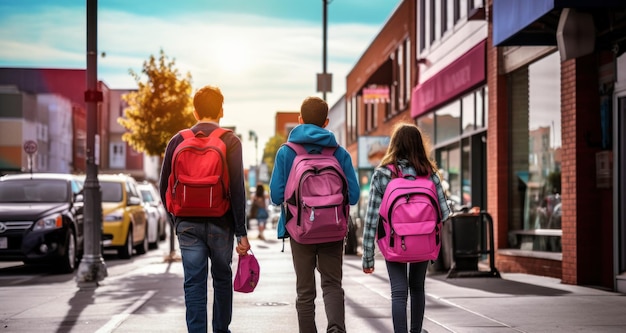 niños con mochilas caminando por una calle