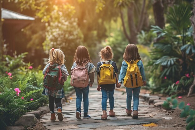 Los niños con mochilas están listos para volver a la escuela.