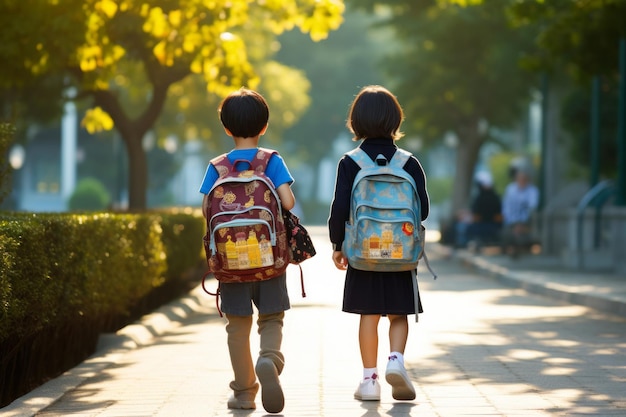 Niños con mochilas y loncheras Regreso a la escuela