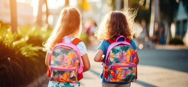 Niños con mochilas de pie frente a una calle