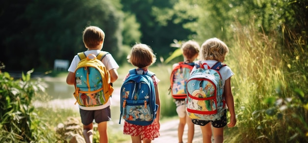 Niños con mochilas de pie frente a una calle