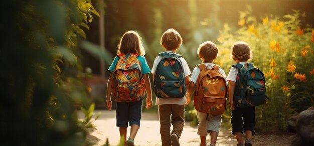 Niños con mochilas de pie frente a una calle