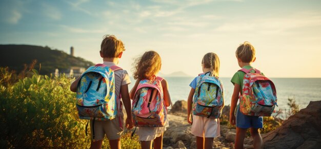 Niños con mochilas de pie frente a una calle