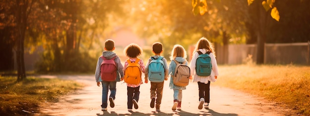 Los niños con mochilas van a la escuela Niños de IA generativa