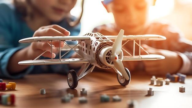 Foto los niños montan un modelo de juguete de un avión antiguo en casa