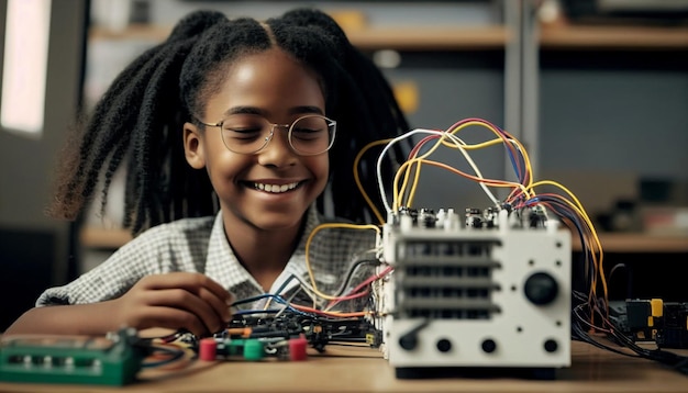 Los niños multiétnicos aprenden cables de programación de robots y bloques de colores, así como IA generativa