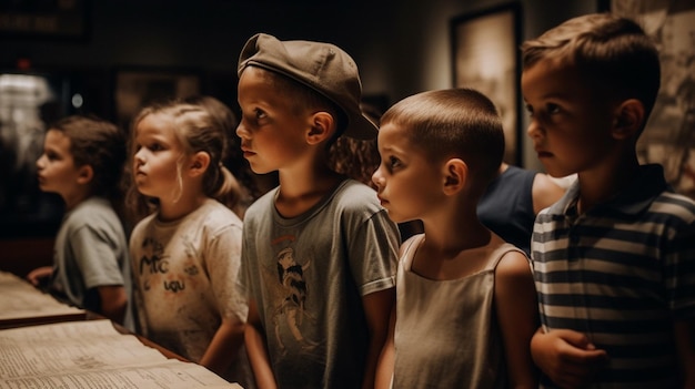 Niños en un museo mirando un libro.