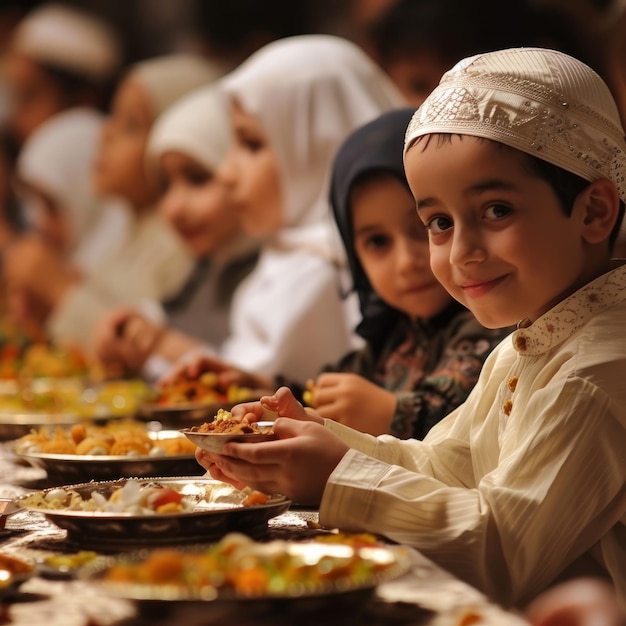 Niños musulmanes cenando juntos después del Ramadán