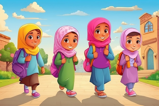 Niños musulmanes de dibujos animados que van a la escuela