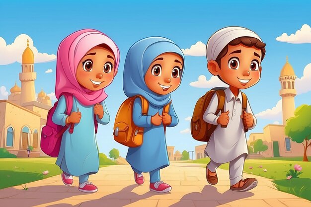 Niños musulmanes de dibujos animados que van a la escuela