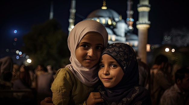 Niños musulmanes frente a la mezquita por la noche IA generativa