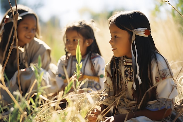 Foto niños nativos americanos con trajes tradicionales y jugando al aire libre