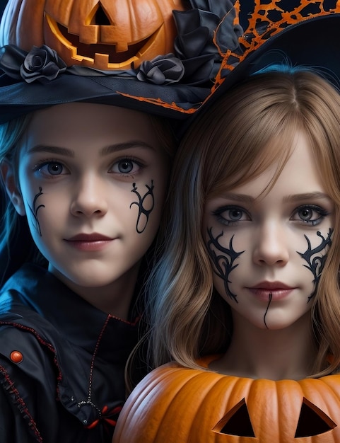 Foto niños y niñas engañan cara detallada celebrando halloween