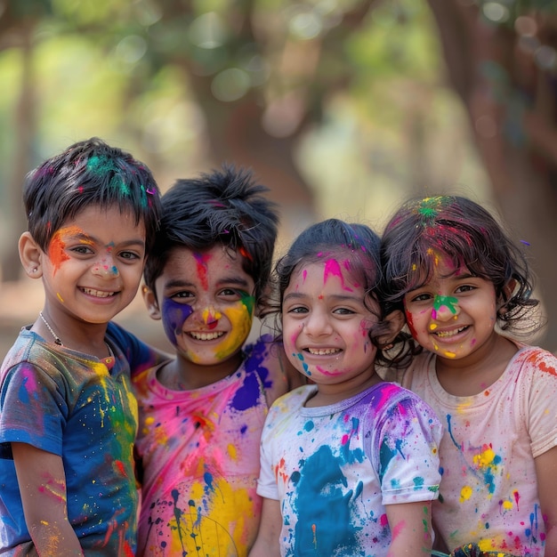 Niños y niñas indios jugando Holi Festival de colores Imagen en bruto Generada por IA Tradición Ce