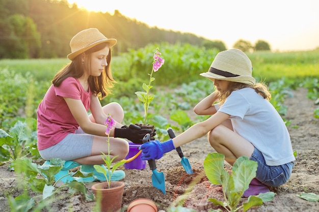 Niños niñas plantando macetas con flores en el suelo. Pequeños jardineros hermosos en guantes con palas de jardín