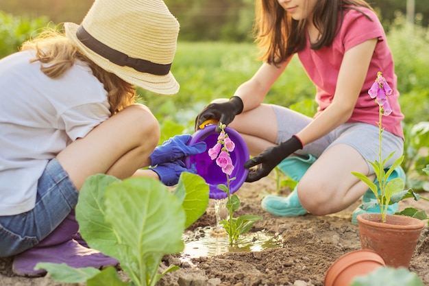 Niños niñas plantar maceta con flores en el suelo