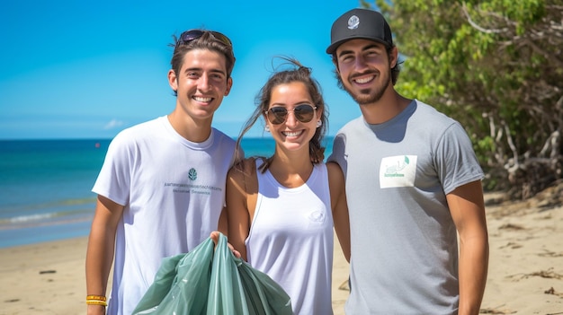 Foto niños y niñas reciclando limpieza de playas ayudando a la comunidad local con viajes sostenibles