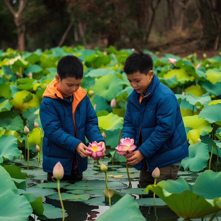Niños y niñas recogen flores de loto del río para vender durante el invierno nebuloso