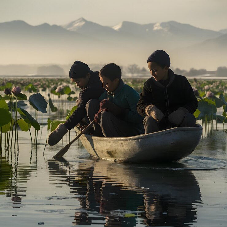 Niños y niñas recogen flores de loto del río para vender durante el invierno nebuloso