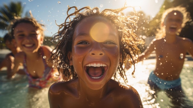 Niños niños y niñas jugando en una piscina