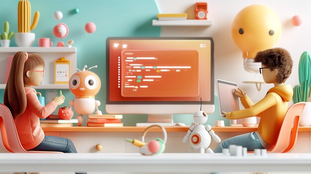 Niños o estudiantes programando robots en un taller de tecnología creativa Educación STEM