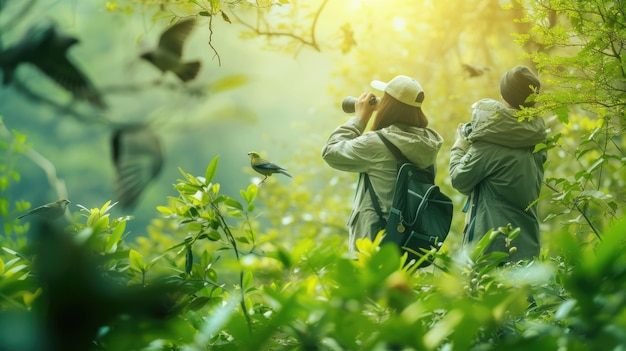 Niños observando aves en el bosque exuberante AIG41