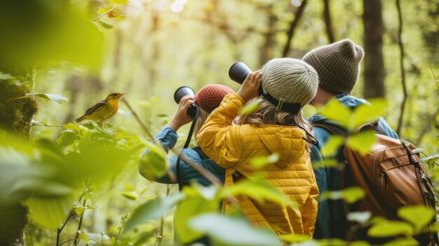 Foto niños observando pájaros en un bosque exuberante