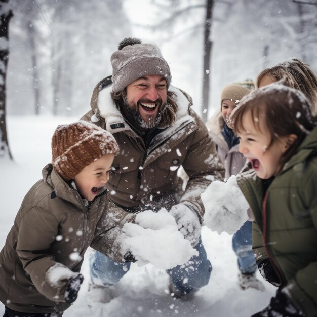 Niños y padres riéndose durante la pelea de bolas de nieve en el bosque