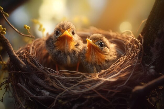 Foto niños de pájaros en el nido en el fondo de la naturaleza