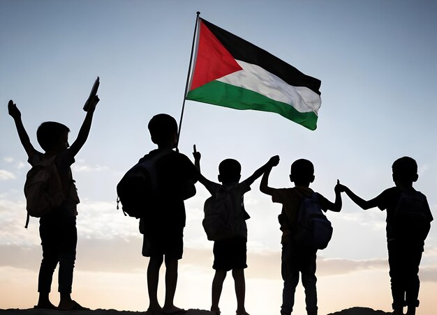 Foto niños palestinos con la bandera de la libertad protestan por su concepto de derechos