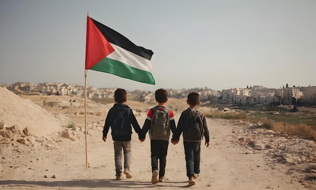 Foto niños palestinos con la bandera de la libertad protestan por su concepto de derechos