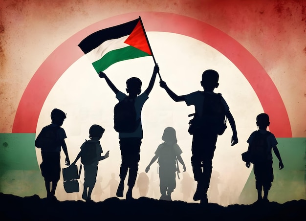 Foto niños palestinos con la bandera de la libertad protestan por su concepto de derechos